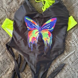 SHEIN Black One Piece with Neon Butterfly
